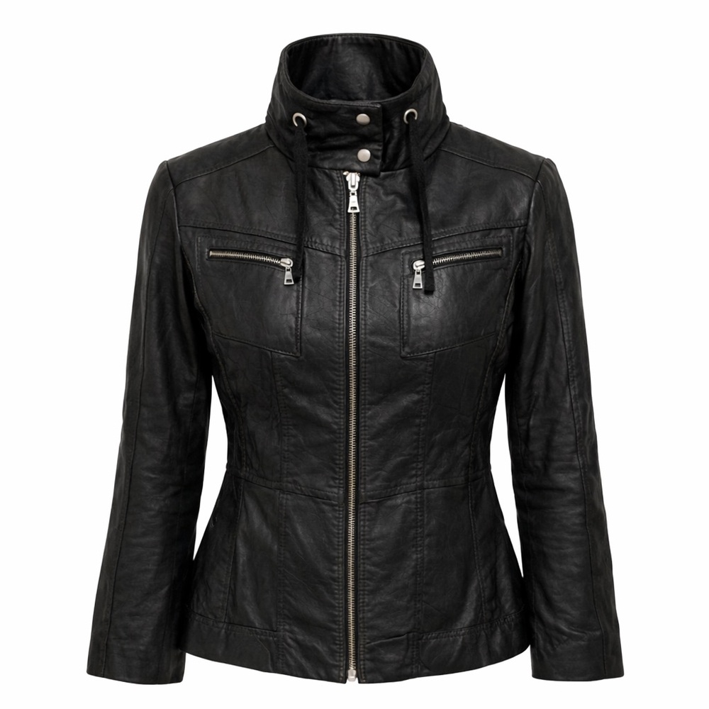 Danier Black Fitted Moto Leather Jacket Adjustable Tie Back XS